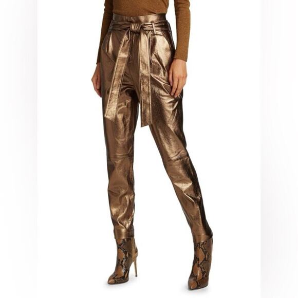Alice + Olivia Lamb Leather Belted High Rise Skinny Pants Metallic Bronze Size 2 - Picture 1 of 12